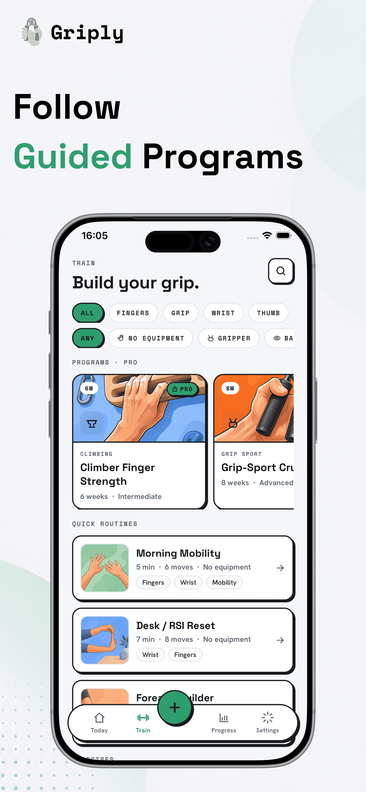 Griply guided training programs and routine library